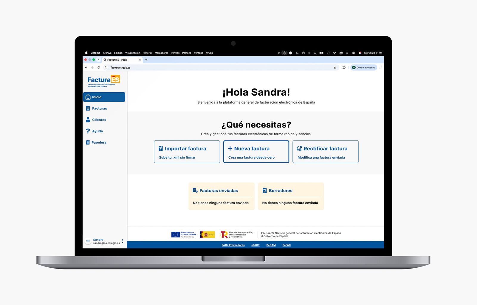 Diseño UI/UX de la home para usuario registrado en FacturaES